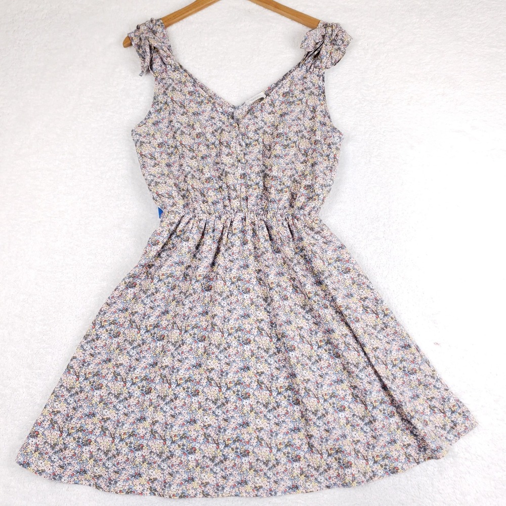 Sienna Sky Blue Floral Ditsy Mini Dress Tie Shoulder V-Neck Small Farm Cottage